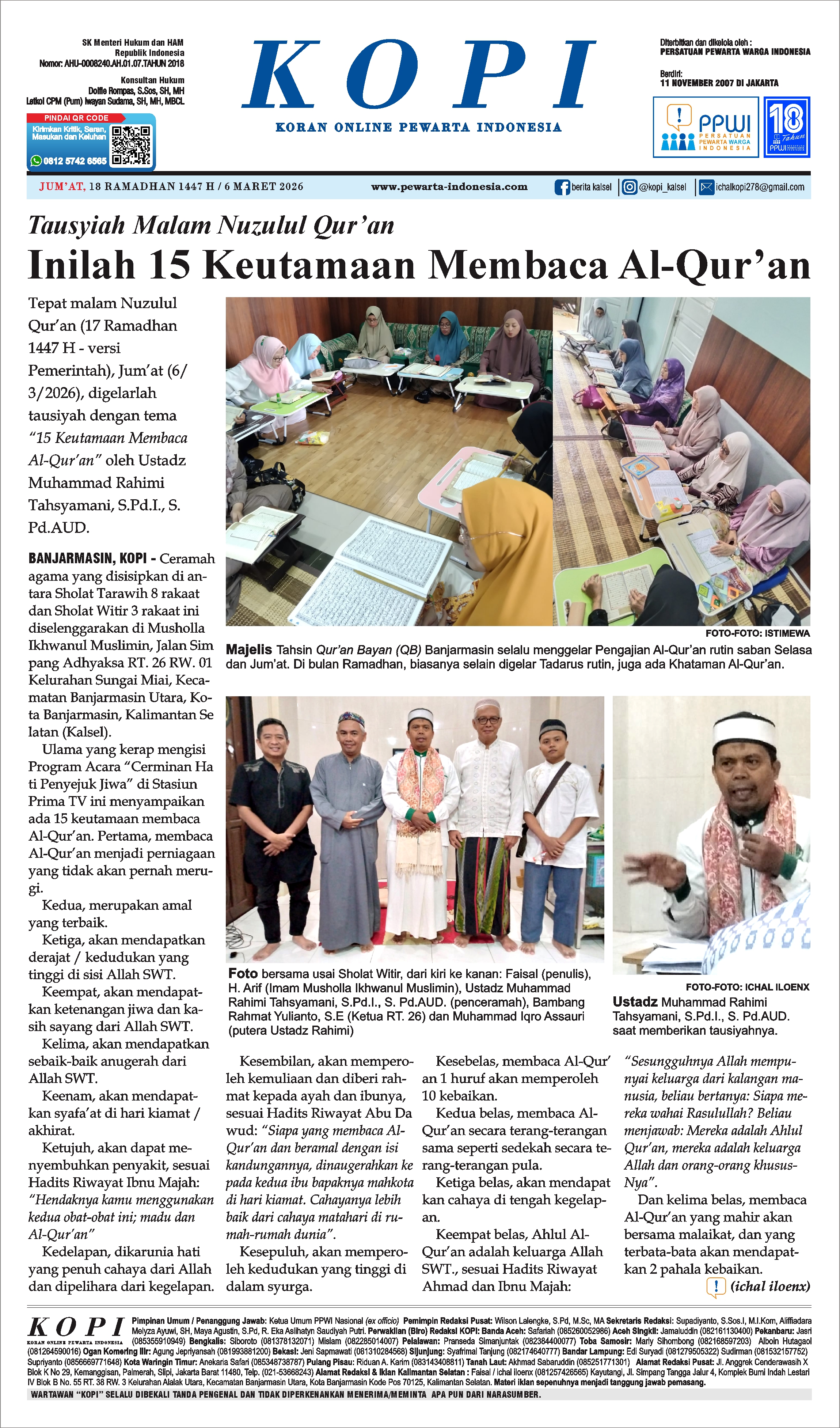 Tausyiah Malam Nuzulul Qur’an: Inilah 15 Keutamaan Membaca Al-Qur’an